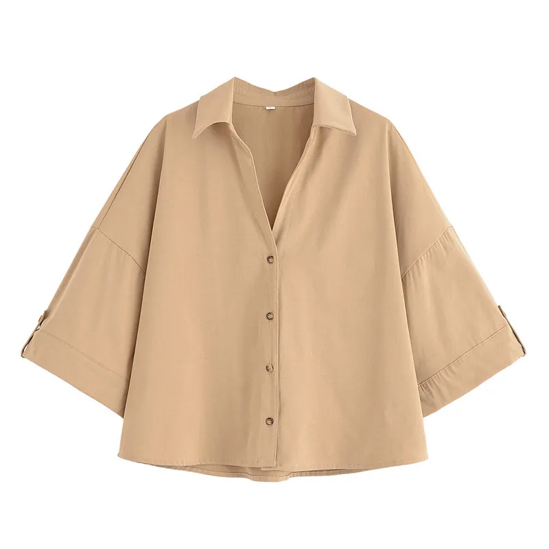 Elegant Lapel Short-sleeved Shirt With Belt Loose Pleated Shorts - Khaki Top
