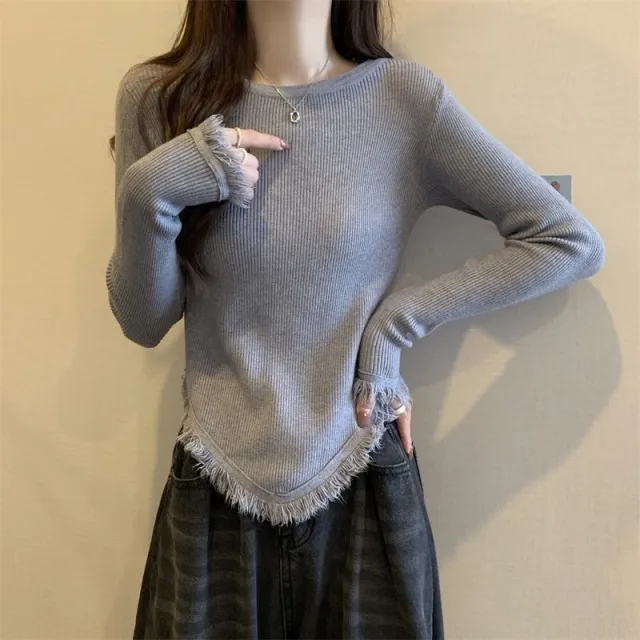 FallWinter Design forward Crew neck Tassel Asymmetrical Long sleeve Top Gray - Shop at LoveMi