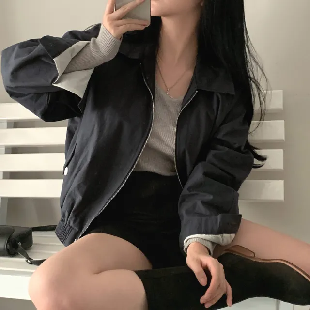 Simple Small Baseball Uniform Short Jacket Thin Jacket Top Charcoal Gray - Shop at LoveMi