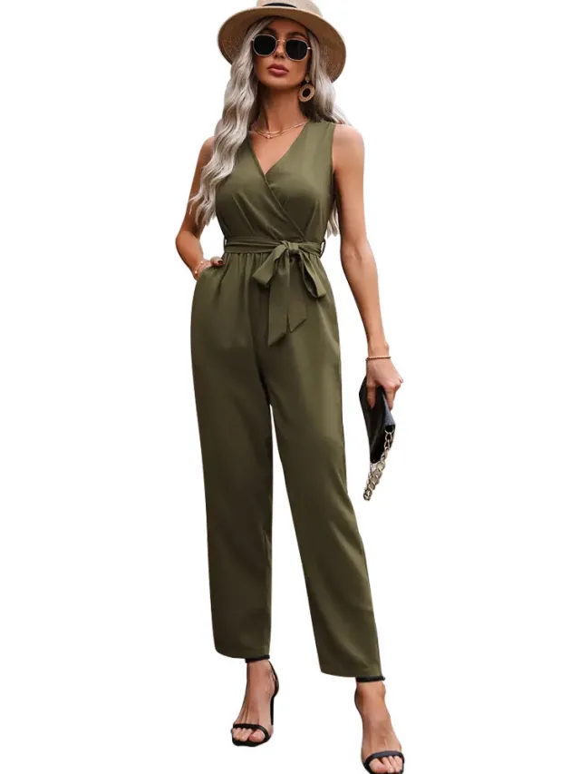 Elegant Commuter Sleeveless Cross Collar Waistline Lace up Jumpsuit Army Green - Shop at LoveMi