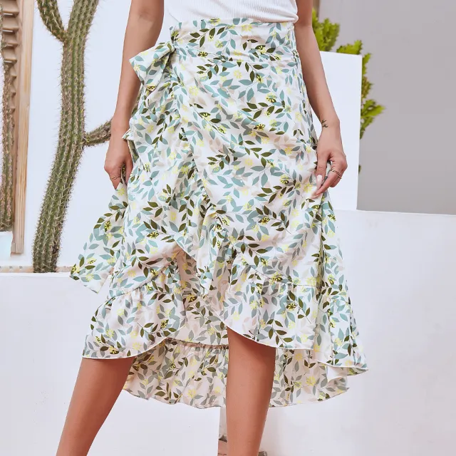 Printed Lace Up Split Expansion Skirt Skirt With Lining Green And Floral Pattern - Shop at LoveMi
