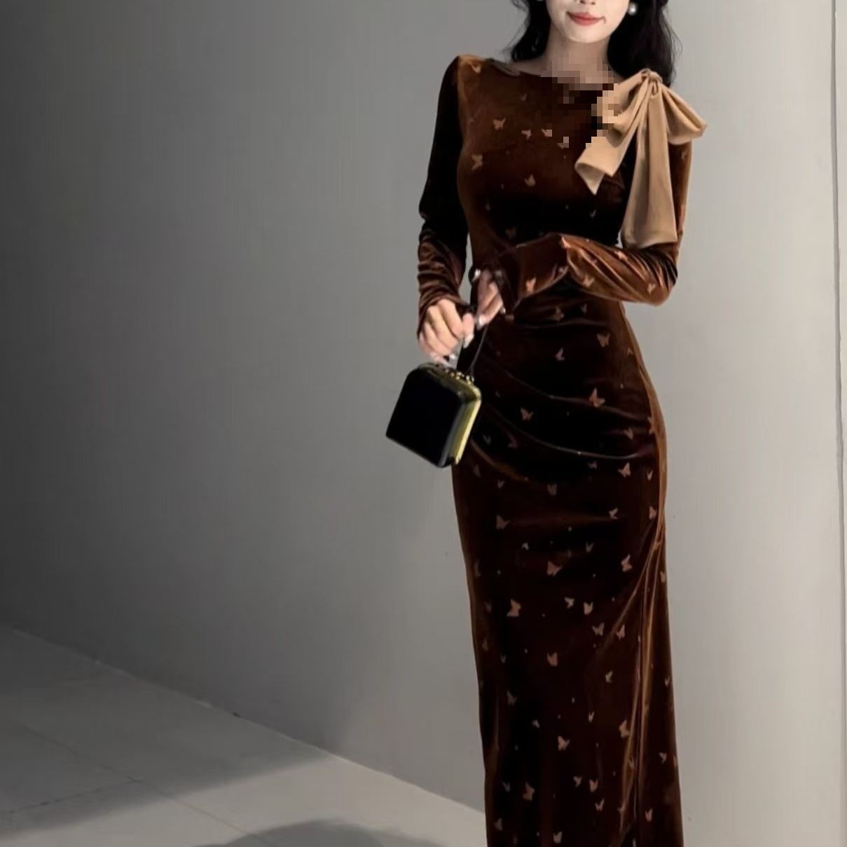 Womens Long Sleeve Ribbon Trimmed Printed Velvet Dress Brown - Shop at LoveMi