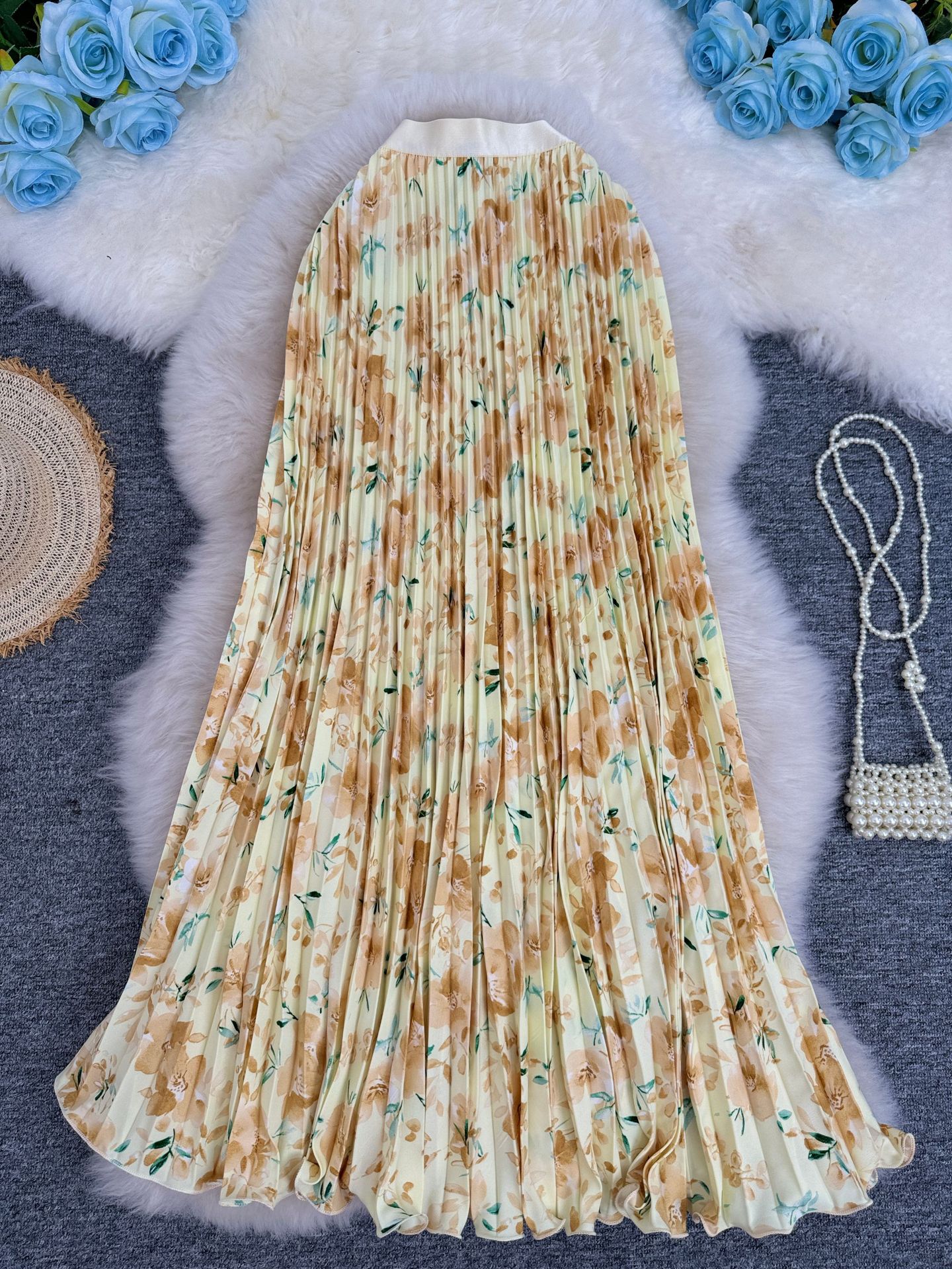 Printed Pleated Skirt For Workwear Versatile And High-waisted