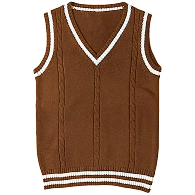 Women's Waistcoat V neck Striped Stitching Casual Knitted Sweater Brown - Shop at LoveMi