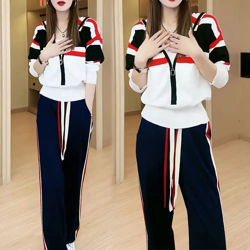 Color-block Zip-up Hoodie And Wide-leg Pants Two-piece