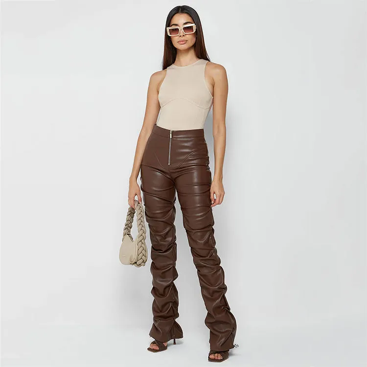 European And American Fashion Tight PU Leather Trousers Personalized Shrinkage Bootcut Trousers Women - Brown