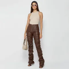 European And American Fashion Tight PU Leather Trousers Personalized Shrinkage Bootcut Trousers Women - Brown - View 1