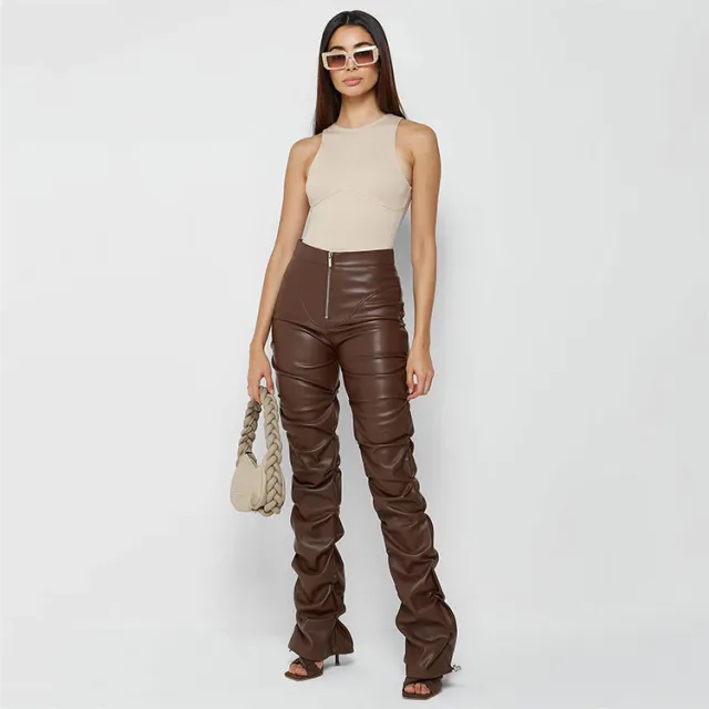 European And American Fashion Tight PU Leather Trousers Personalized Shrinkage Bootcut Trousers Women Brown - Shop at LoveMi