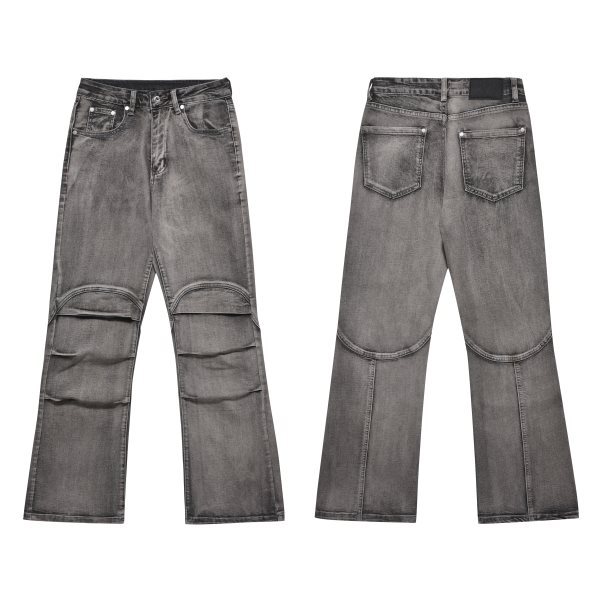 European And American High Street Retro Washed Loose Wide Leg Slightly Flared Dirty Dyed Stitching Ruffle Ripped Jeans