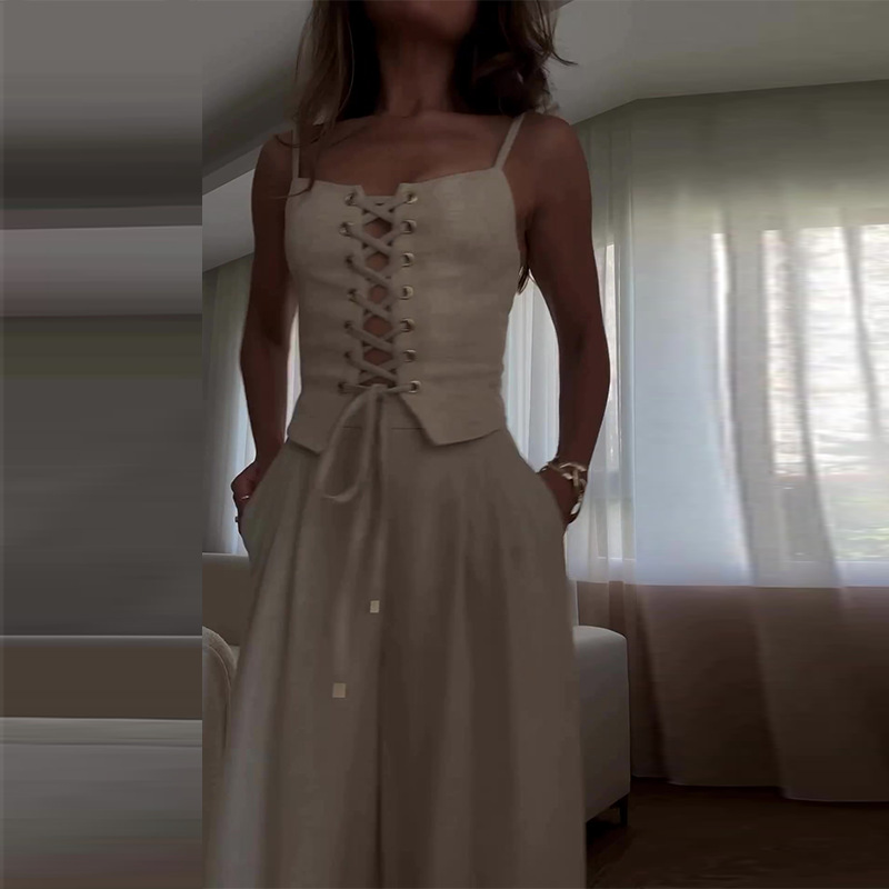 Sexy Hollow Out Strap Top Casual Wide Leg Pants Suit