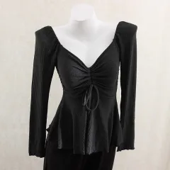 Knitted Drawstring V-neck Bottoming Shirt T-shirt Shoulder Slimming Slim Top - Grey - View 1