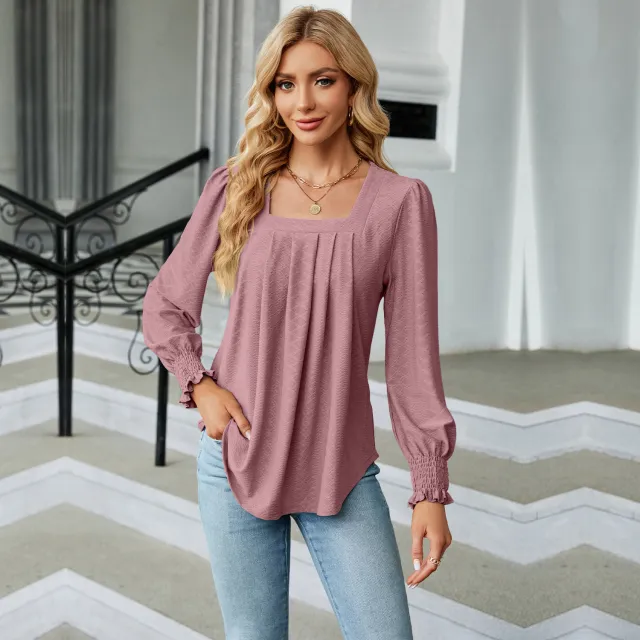Women's Fashion Casual Jacquard Pleated Square Collar Long Sleeve Dark Pink - Shop at LoveMi