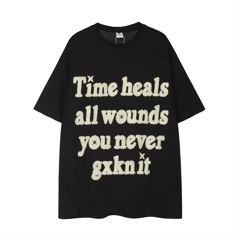 Large-Area Letter Flocking Embroidered Loose Short Sleeve