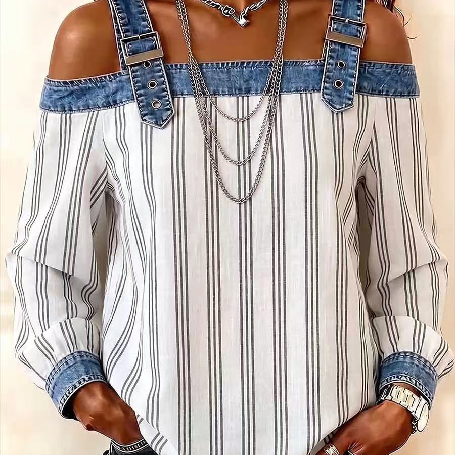 Womens Denim Patchwork Off-Shoulder Top