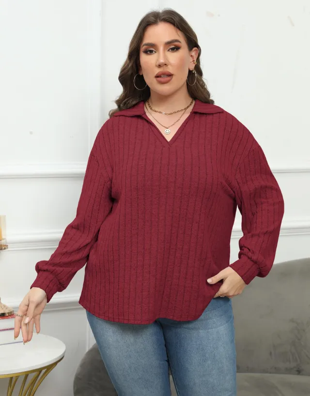 Women's Plus Size Polo Collar Bottoming Shirt Purplish Red - Shop at LoveMi