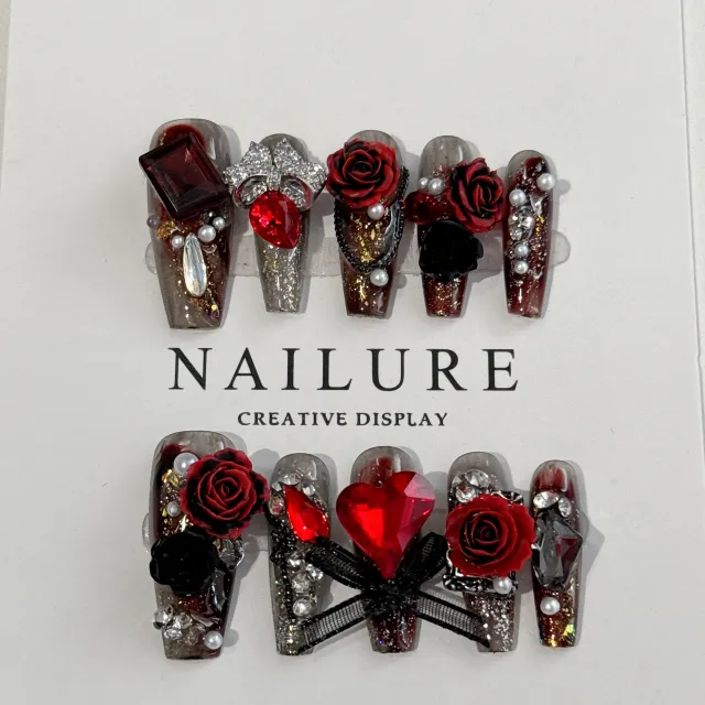 Light Luxury Heavy Industry Bow Nail Patch Finished Product A98 Black And Red Roses - Shop at LoveMi