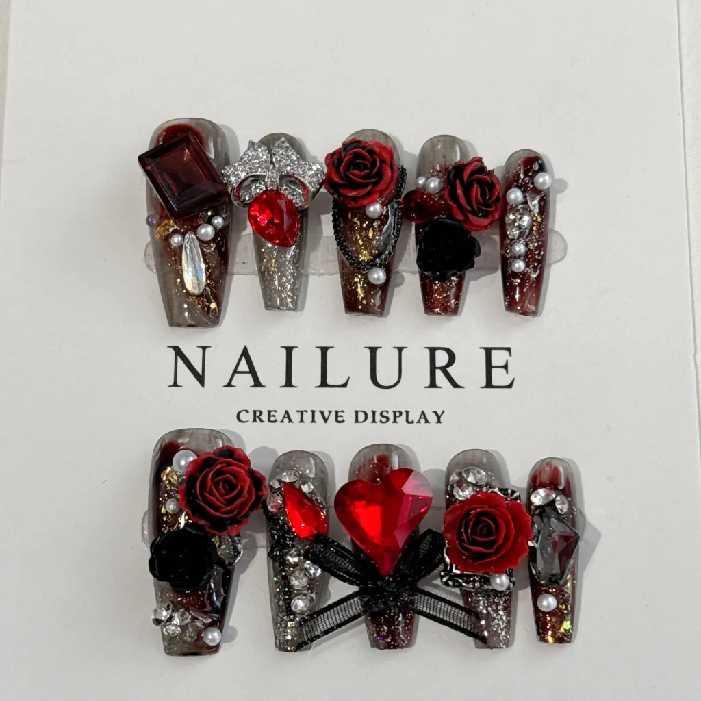Light Luxury Heavy Industry Bow Nail Patch Finished Product - A98 Black And Red Roses