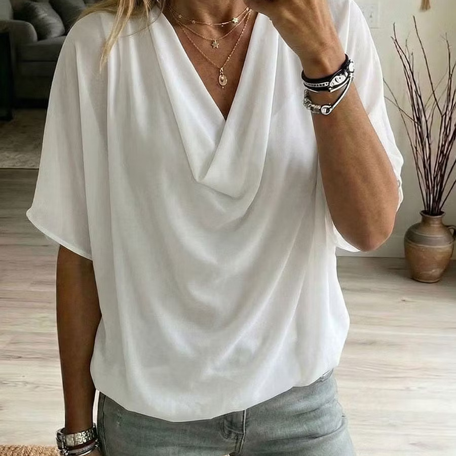 Womens Summer Loose-fit Batwing-sleeve Solid-color Draped Short-sleeve Elegant Top