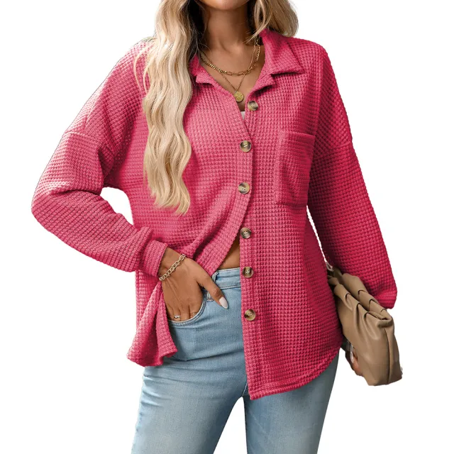 Loose Waffle Leisure Commute All matching Shirt Rose Red - Shop at LoveMi