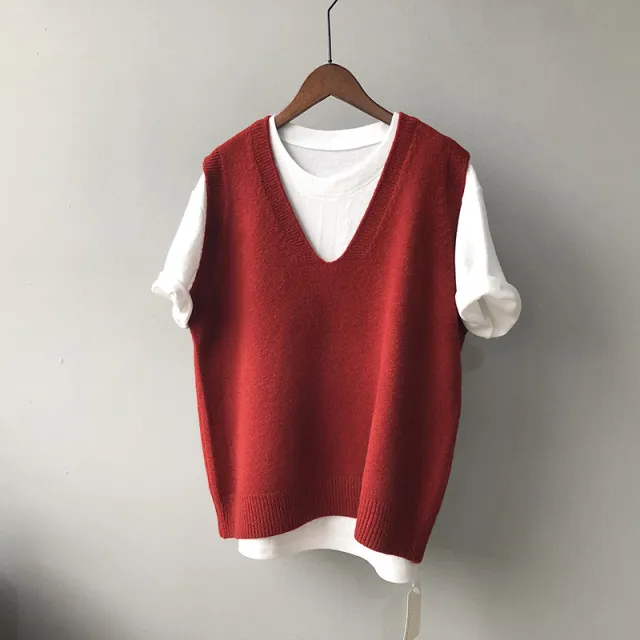 Preppy Style V neck Loose And Idle Sleeveless Waistcoat Retro Red - Shop at LoveMi