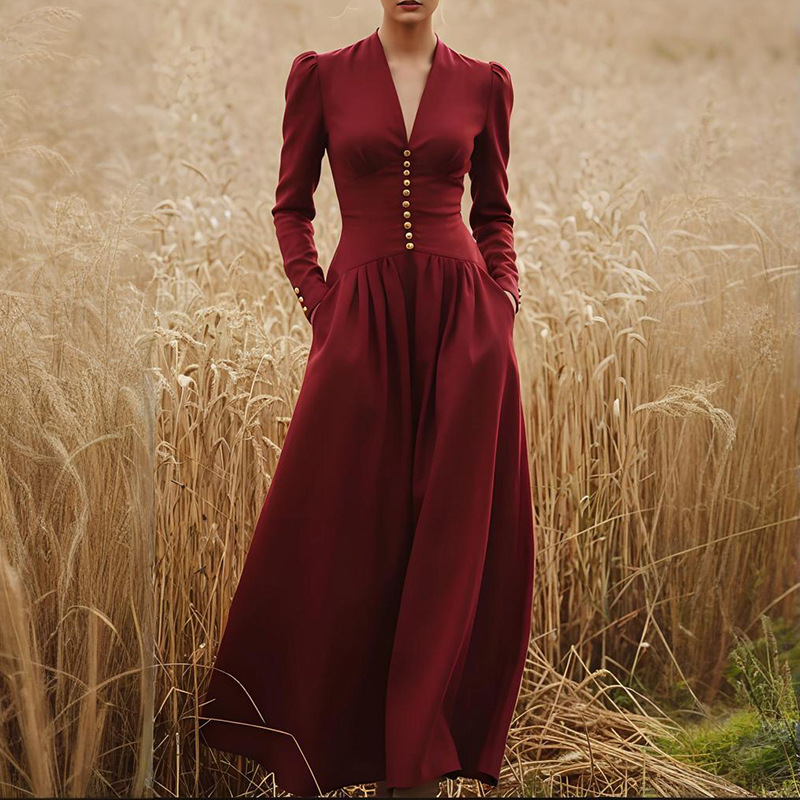 Women's Fitted waist Solid color Long sleeve Dress Wine - Shop at LoveMi