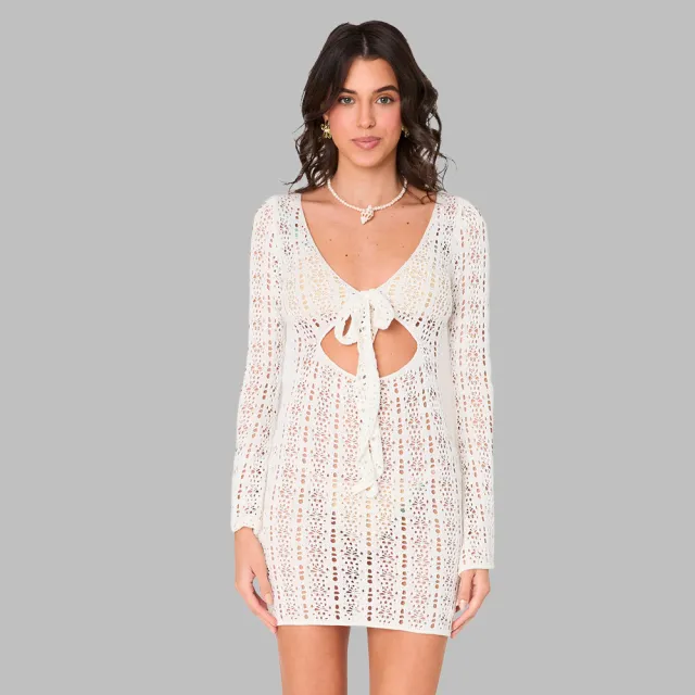 Hollow out Side Strap Round Neck Backless Sun proof Beach Women's Clothing Dress White - Shop at LoveMi