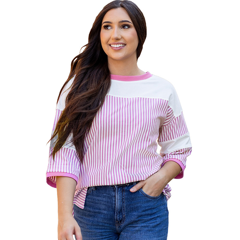 Striped Color Matching Short sleeved T shirt For Women Lc25128052P608 - Shop at LoveMi