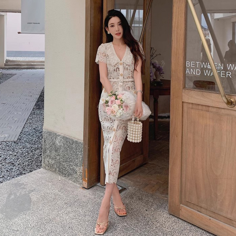 Lace Temperament Short Sleeve Lapel Slim Fit Dress Women