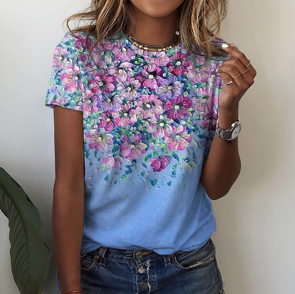 Women's Round-Neck Short-Sleeve Casual Top With 3D Flower Print
