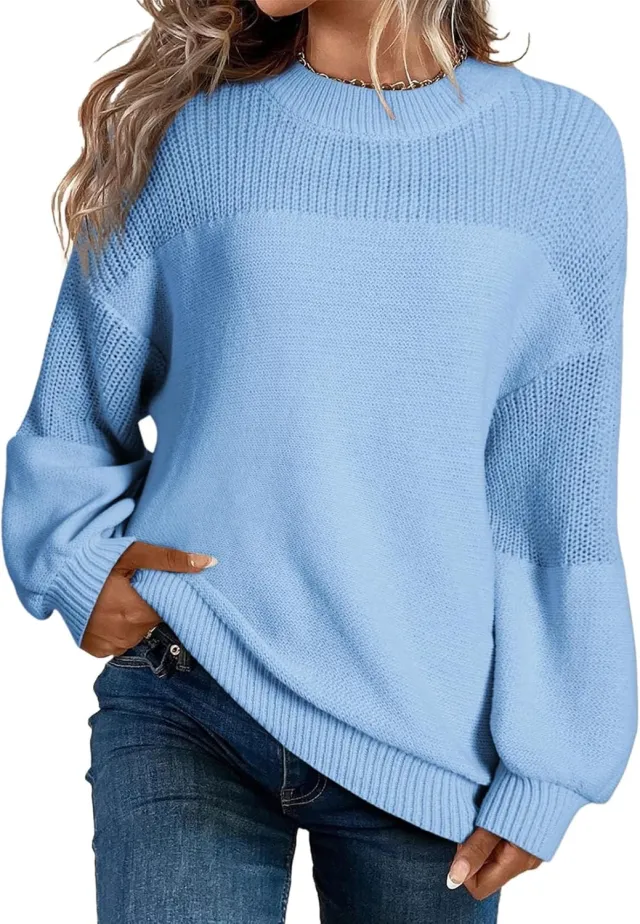 Solid Color Lantern Sleeve Pullover Round Neck Sweater Sky Blue - Shop at LoveMi