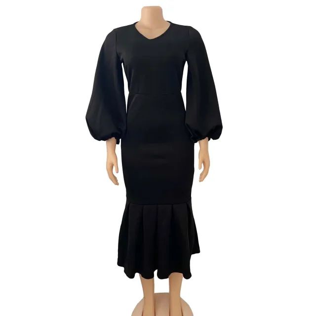 European And American Fashion Plus Size V neck Long sleeve Dress Black - Shop at LoveMi