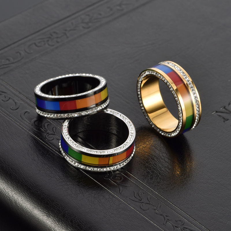 Stainless Steel Rainbow Flag Ring Personality Rhinestone