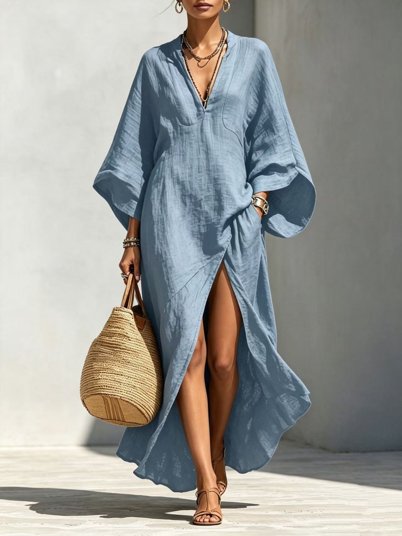 Women's loose maxi resort dress in sky blue – front view