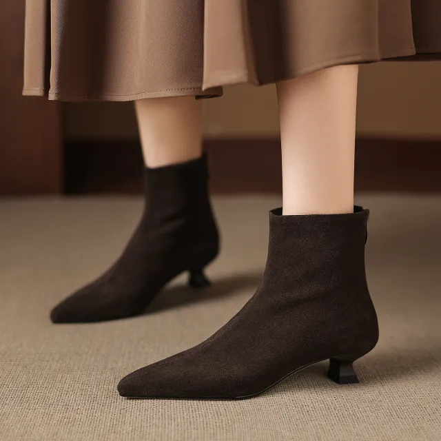 Cowhide Suede Pointed toe Ankle Boots For Women Brown - Shop at LoveMi