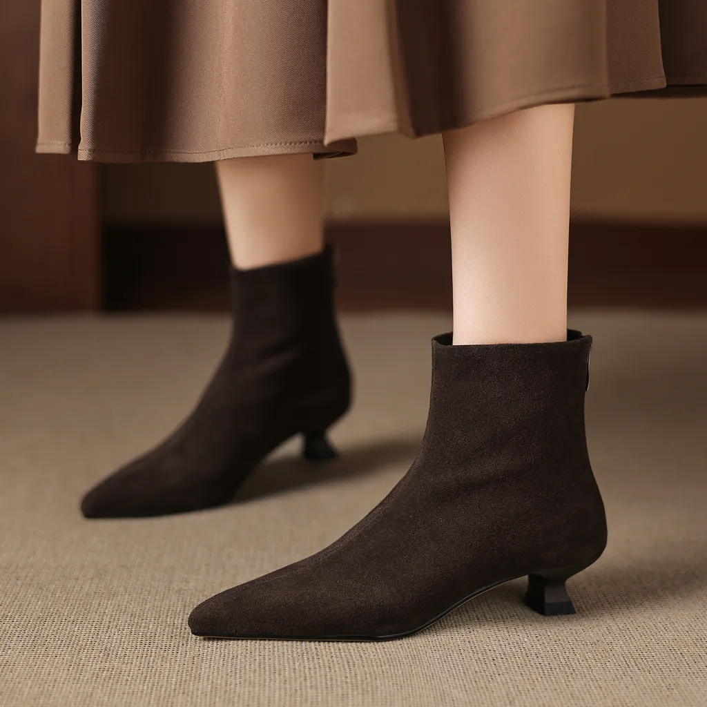 Cowhide Suede Pointed-toe Ankle Boots For Women - Brown