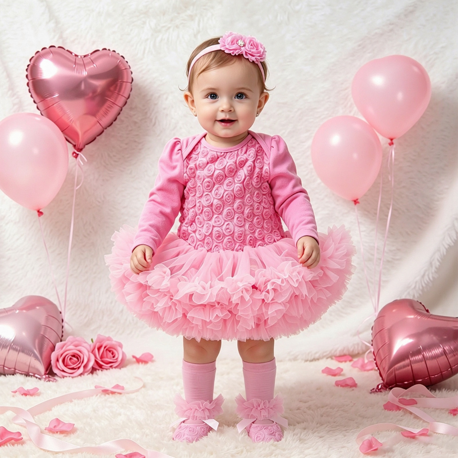 Solid-color Long-sleeve Romper Dress With A Rose Pattern