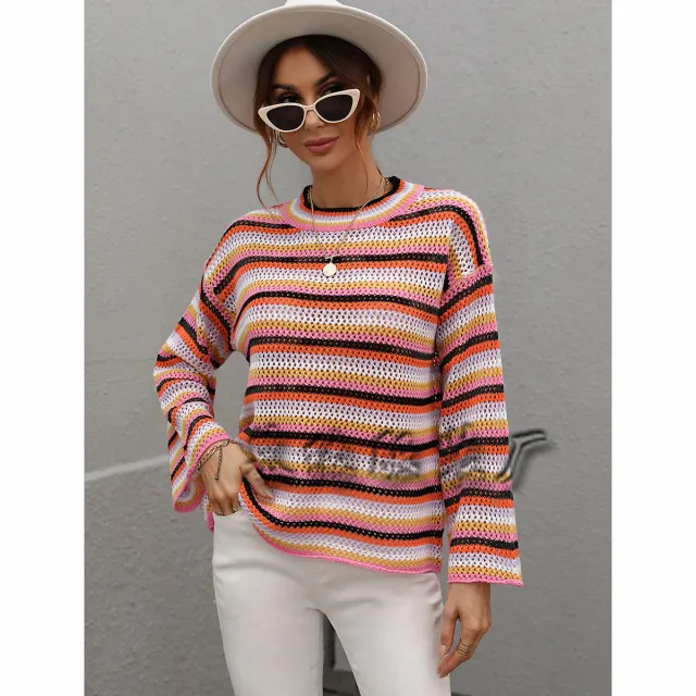 European And American Stitching Knitwear Women's Loose Cross color Foreign Trade Round Neck Striped Sweater Women Black - Shop at LoveMi