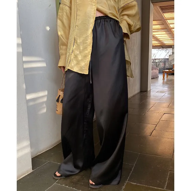 Women's Draping Loose Elastic Waist Drawstring Satin Casual Wide leg Pants Black - Shop at LoveMi