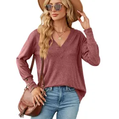 Solid Colour And V-neck Loose Long Sleeve Button T-shirt Top - Purplish Red - View 1