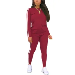 Women's Round-neck Long-sleeve Top And Pants Two-piece Set - Wine Red - View 1