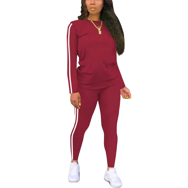Women's Round neck Long sleeve Top And Pants Two piece Set Wine Red - Shop at LoveMi