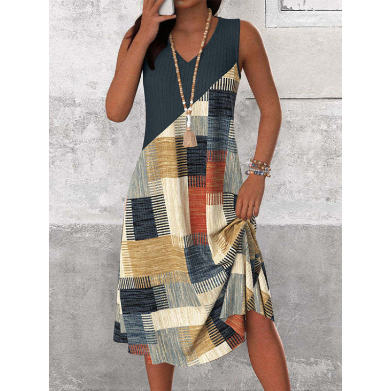 Womens Casual Versatile V-Neck Sleeveless Colorblock Dress