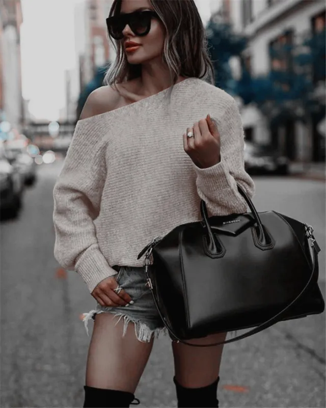 Commuter Off neck Pullover Long Sleeve Stitching Batwing Shirt Sweater Khaki - Shop at LoveMi