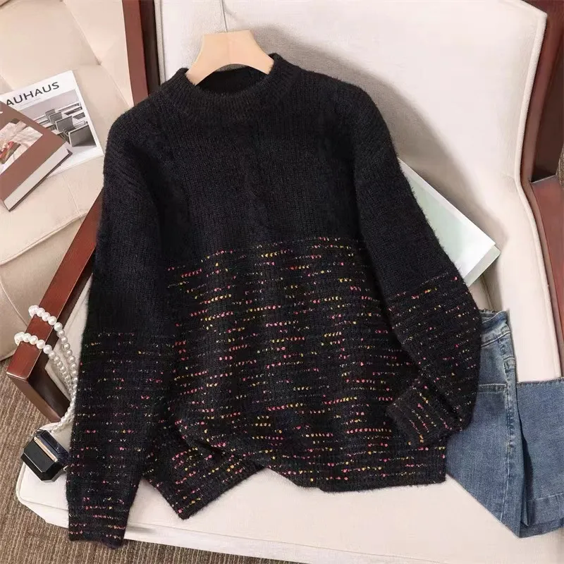 Round Neck Outerwear Knitwear Age-reducing Trendy Top - Black
