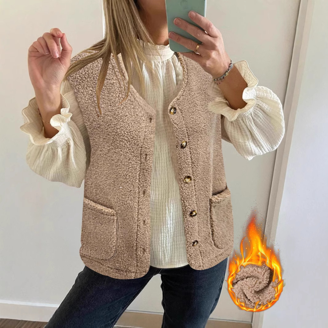 Fashion Round Neck Pocket Plush Vest