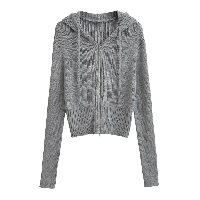 Women's American style Hooded Zipper Knitted Cardigan Early Autumn New Short Gray - Shop at LoveMi