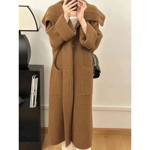 Women Autumn And Winter Loose Plus Size Lazy Long Thick New Foreign Trade Knitted Cardigan Brown - Shop at LoveMi