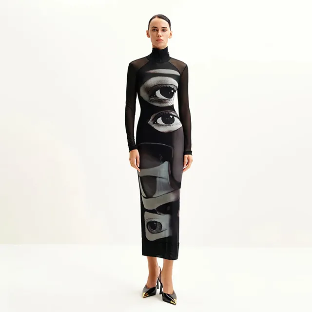 Elegant Mesh Double layer Printed Crew neck Long sleeve Dress Printing - Shop at LoveMi
