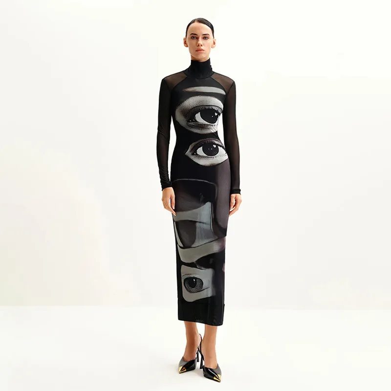 Elegant Mesh Double-layer Printed Crew-neck Long-sleeve Dress - Printing