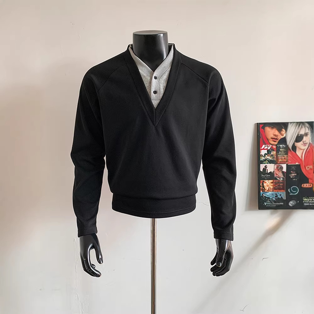 Regular-Shoulder Short Long-Sleeve Sweater With Double V-Neck